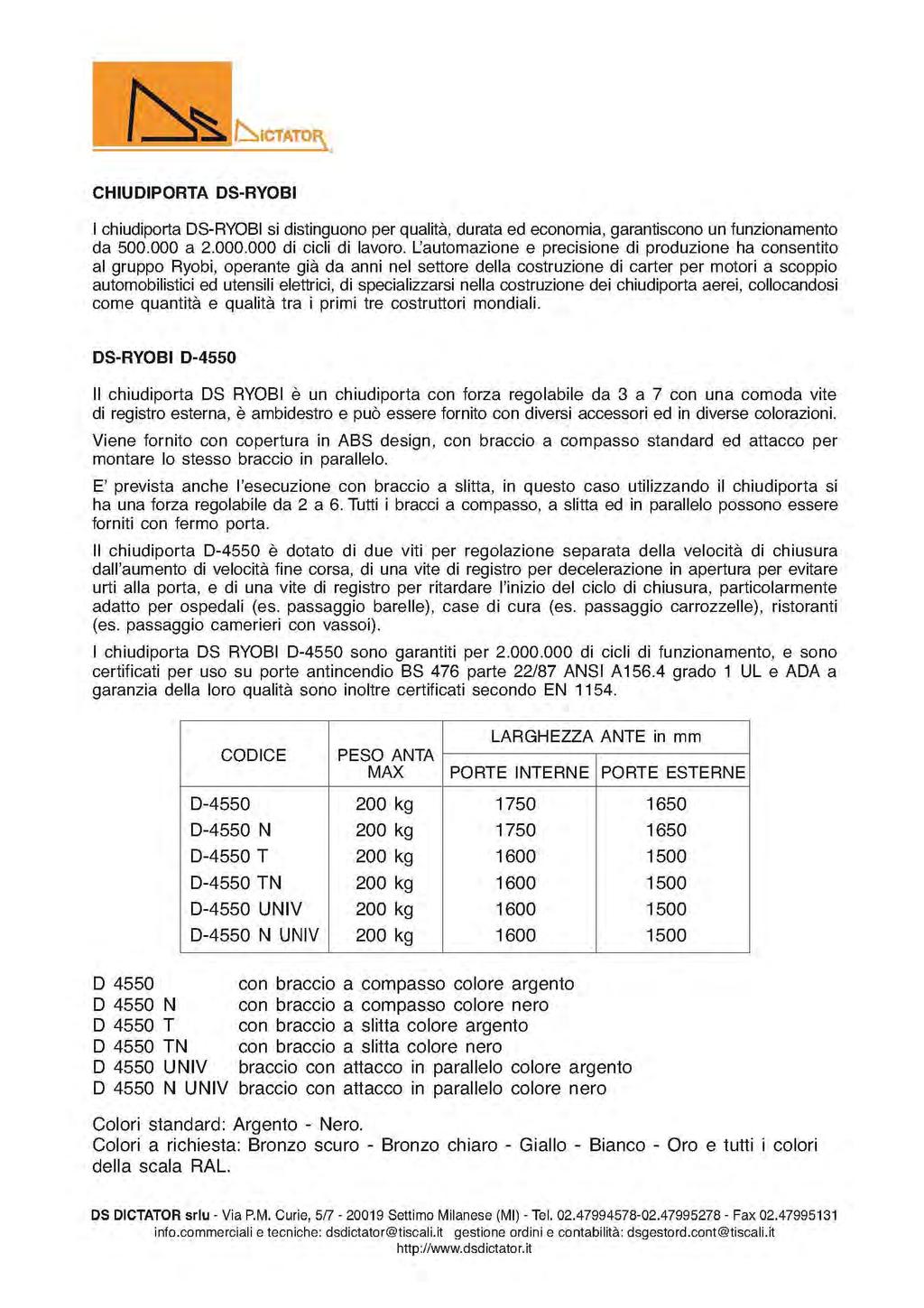 1.2 CHUDPORTA DS-RYOB chiudiporta DS-RYOB si distinguono per qualità durata ed economia garantiscono un funzionamento da 500.000 a 2.000.000 di cicli di lavoro. L.