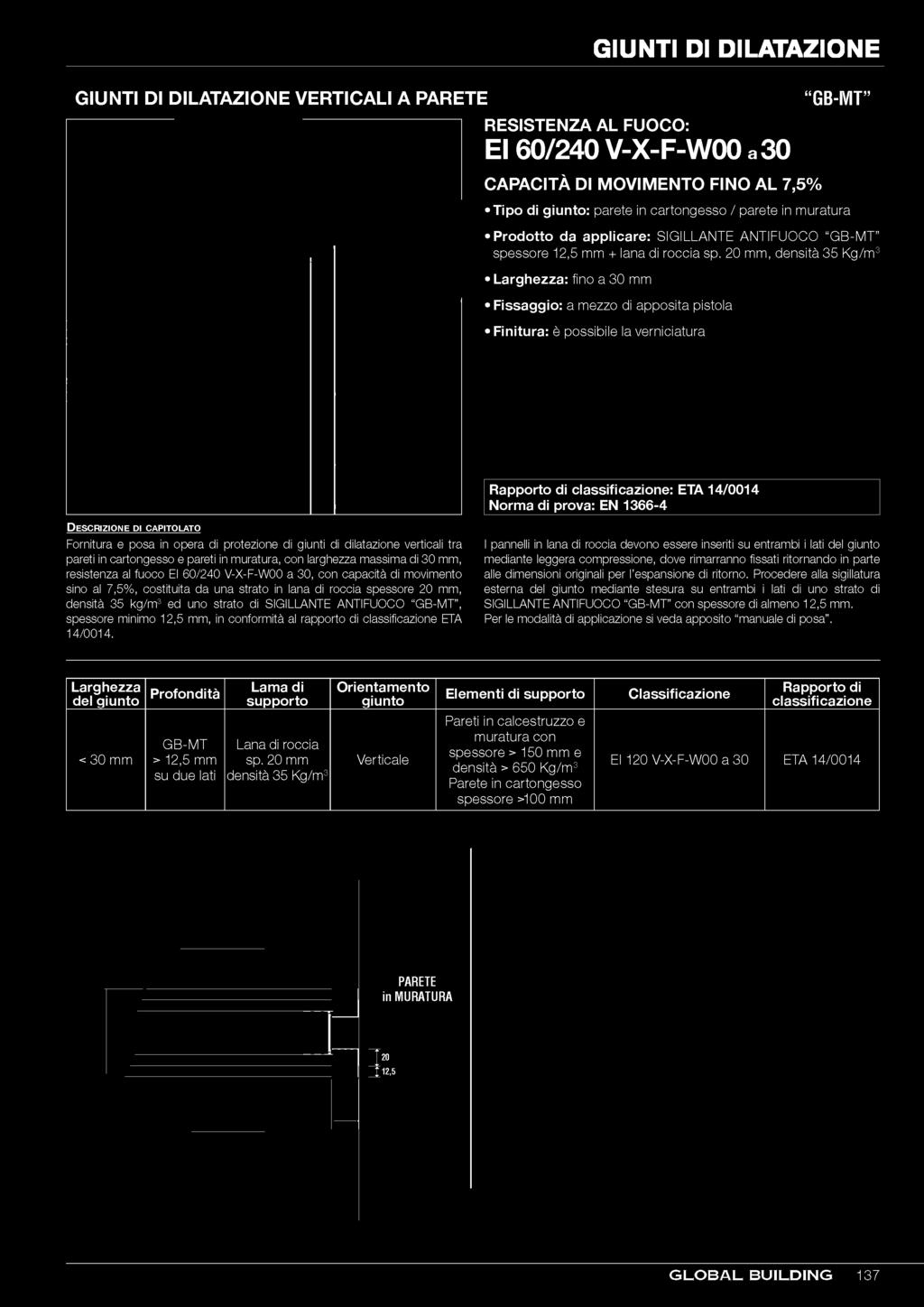 20 mm, densità 35 Kg/m3 : fino a 30 mm Fissaggio: a mezzo di apposita pistola Finitura: è possibile la verniciatura : ETA 14/0014 Fornitura e posa in opera di protezione di giunti di dilatazione