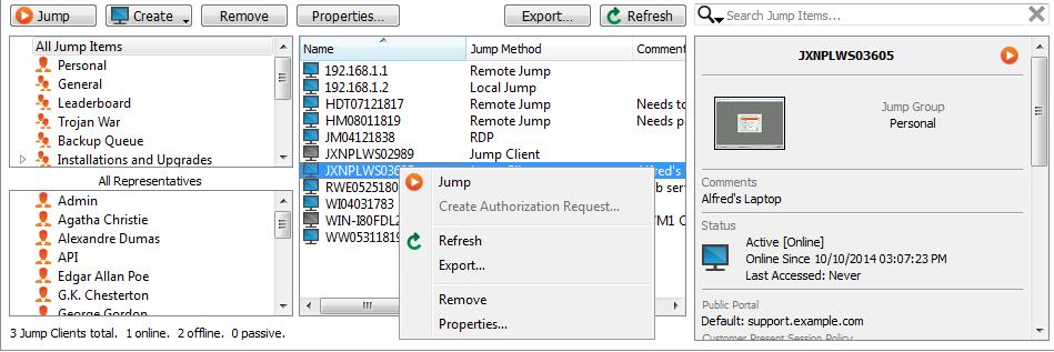 Interfaccia Jump: Utilizzare gli elementi Jump per accedere ai sistemi remoti L interfaccia Jump viene visualizzata nella metà inferiore della console di accesso.