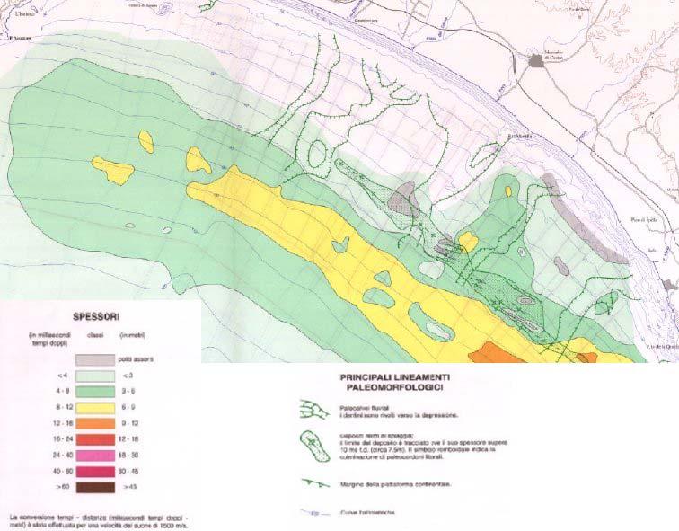 d erosione. Allo stesso traverso, ma più al largo, due minimi di spessore allineati parallelamente alle isobate segnalano la presenza di un probabile cordone litorale sepolto.