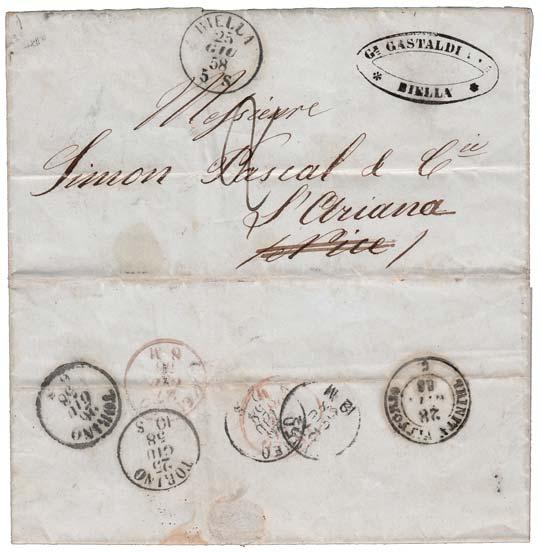 220 229 VIE DI MARE 227 1848, lettera da Nizza per Genova, tassata. Sul fronte bolli rossi DA NIZZA e VIA/DI MARE/(I).