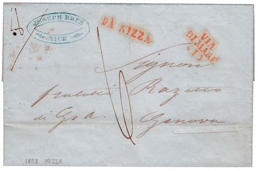 40 229 1853, lettera da Nizza per Genova, tassata, con i bolli rossi DA NIZZA e VIA / DI MARE / (I). 104 232 1862, lettera da Genova per Nizza affrancata con Sardegna 40 c.