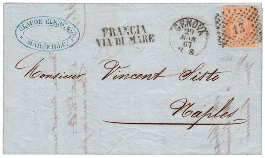 40 235 1864, 2 lettere da Genova per Nizza affrancate con 40 c. (L20) annullati allo sbarco con numerale a cifre e punti piccoli.