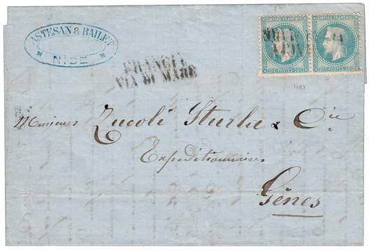 Da esaminare per la possibile mancanza di un francobollo. 80 237 1866, lettera da Genova per Nizza affrancata con 20 su 15 c.