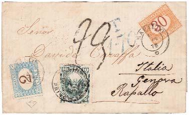 247 248 (Vie di Mare) 245 1874, lettera da Montevideo per Genova, manoscritto per Rio Grande, affrancata con 10 c. (Yv. 31) e tassata con 30 c. + 40 c. + 1 lira (T.7+T.8+T.11), 20/1/75.