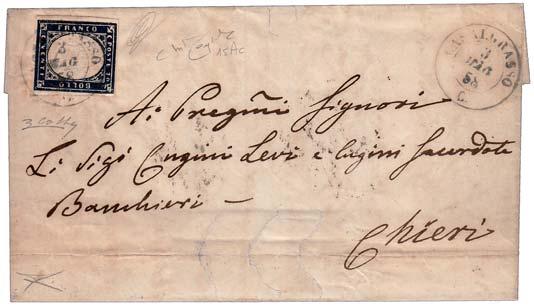 7.740 800 1033 1857, CASATISMA (p.4) su lettera affrancata con 5 c. verde smeraldo (13f) + 20 c. cobalto chiaro (15a) diretta a Milano il 18/6/57.