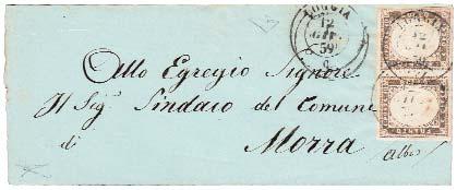 180 320 1051 1859, ISOLA D ASTI (p.13) su 20 c. indaco oltremare (15Bb) lettera per Torino il 28/9/59. Esemplare utilizzato in frode postale perché reca tracce di un precedente utilizzo.