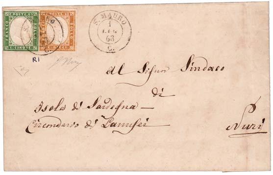 rosso vermiglio (16D) su lettera diretta in Francia il 29/5/61. Annullo rarissimo, restauro nell indirizzo della lettera. (Cert.E.Diena - Vaccari). 20.180 1.800 1076 1861, ROCCA DE BALDI (p.