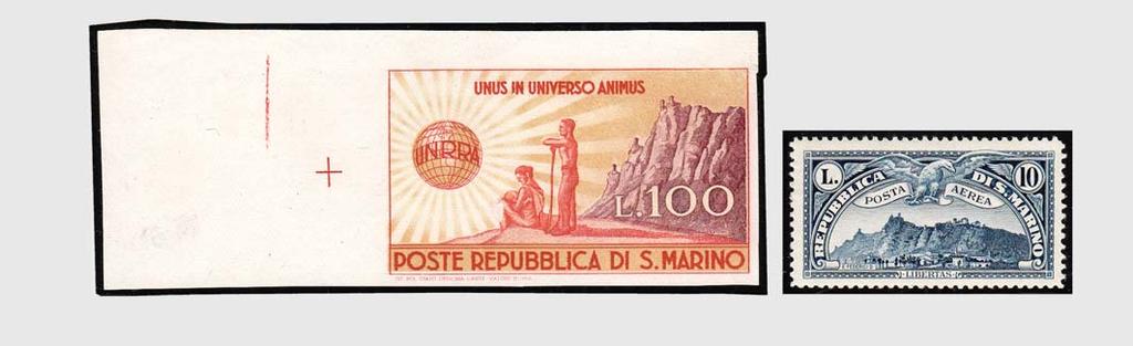 (San Marino) 3689 3706 3692 1947, Beneficenza, i 12 valori cpl. (318/29) in fogli di 30. 120 3693 / 1947, Beneficenza, Trittico del 2 lire con bella varietà di soprastampa. (Caffaz. R. Diena).
