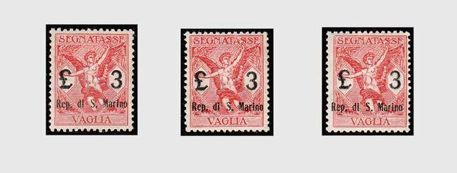 3857 3858 3859 (San Marino) 3856 1945, Segnatasse, 4 valori non dentellati (68a, 69a, 72a, 73a) in coppie verticali. Un valore da 20 c. con traccia. 520 88 3857 1924, Segnatasse vaglia, 6 valori cpl.
