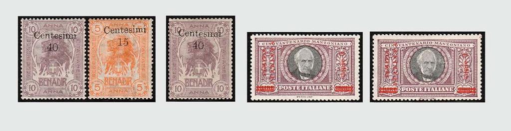 4646 4657 4668 4669 (Somalia) 4657 1906, soprastampati a Zanzibar 40 c. su 10 a.(9). Fresco. (Cert. Raybaudi). 3.000 600 4658 1906-7, Soprastampati in moneta italiana, 7 valori cpl. (10/16).