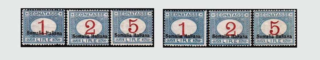 4761 4762 (Somalia) 4751 1906, Segnatasse, prima emissione, 3 alti valori (8/10). (Cert.Caffaz). 2.250 400 4752 1906, Segnatasse, i 3 alti valori (9,10,11) con il 2 lire ottimamente centrato. (Cert. R.