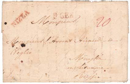 186 209 (Contea di Nizza) in uro 187 1848, NIZZA lineare rosso + data in rosso, su fresca lettera per Modena, con testo interessante (cenni alla guerra con l Austria). 24 189 1856, NIZZA MAR.