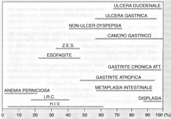 H.pylori e associazioni cliniche e istologiche: prevalenza GASTRITE : Infiltrato infiammatorio nella mucosa gastrica con/senza lesioni macroscopiche associate GASTROPATIA : Lesioni, generalmente