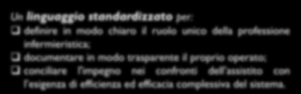 Un linguaggio standardizzato per: definire in modo chiaro il ruolo unico della professione infermieristica; documentare in modo