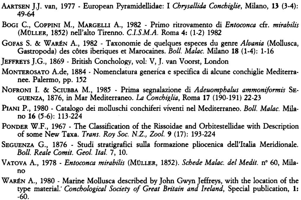 BIBLIOGRAFIA AARTSEN J.J. van, 1977 - European Pyramidellidae: I Chrysallida Conchiglie, Milano, 13 (3-4): 49-64 BOGI C., COPPINI M., MARGELLI A., 1982 - Primo ritrovamento di Entoconca cfr.