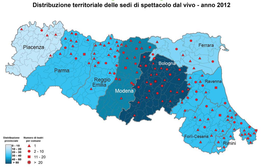 mappa 2 Emilia-Romagna: distribuzione territoriale delle sedi di spettacolo dal