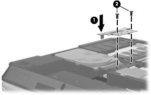 2. Abbassare la parte anteriore dell'unità disco rigido sul connettore della scheda di sistema (2) e premere verso il basso (3) per connetterla. 3. Riposizionare la staffa dell'unità disco rigido (1).