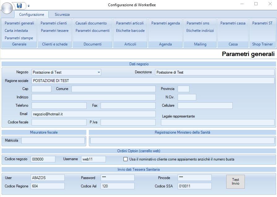 WorkerBee ed il Sistema TS Configurazione iniziale del programma Nella scheda Parametri Generali sono stati aggiunti, sotto ai dati del negozio, i campi per configurare le informazioni necessarie per