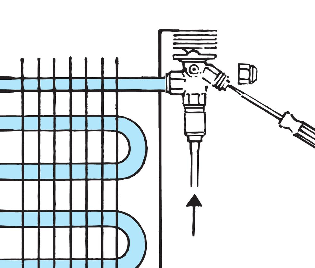 Installazione (segue) Come menzionato precedentemente, il bulbo deve essere installato nella parte orizzontale della tubazione di aspirazione, immediatamente a valle dell evaporatore.