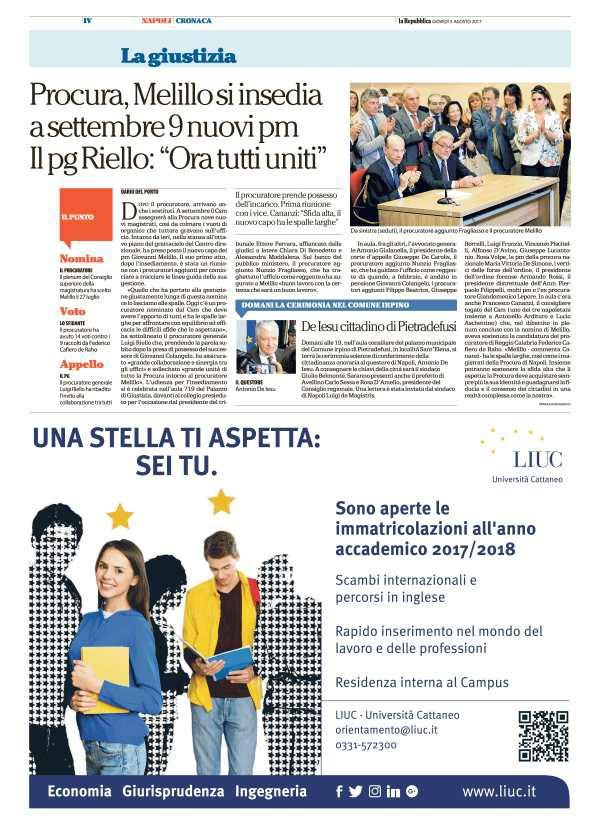 Pagina 4 La Repubblica (ed. Napoli) Procura, Melillo si insedia a settembre 9 nuovi pm Il pg Riello: "Ora tutti uniti" DARIO DEL PORTO DOPO il procuratore, arrivano anche i sostituti.
