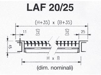 deflessione 15 con alette posteriori verticali regolabili LAG20:Grigliato composto da solo barre frontali a deflessione 0 ( senza cornice) LAG25: Grigliato composto da solo barre