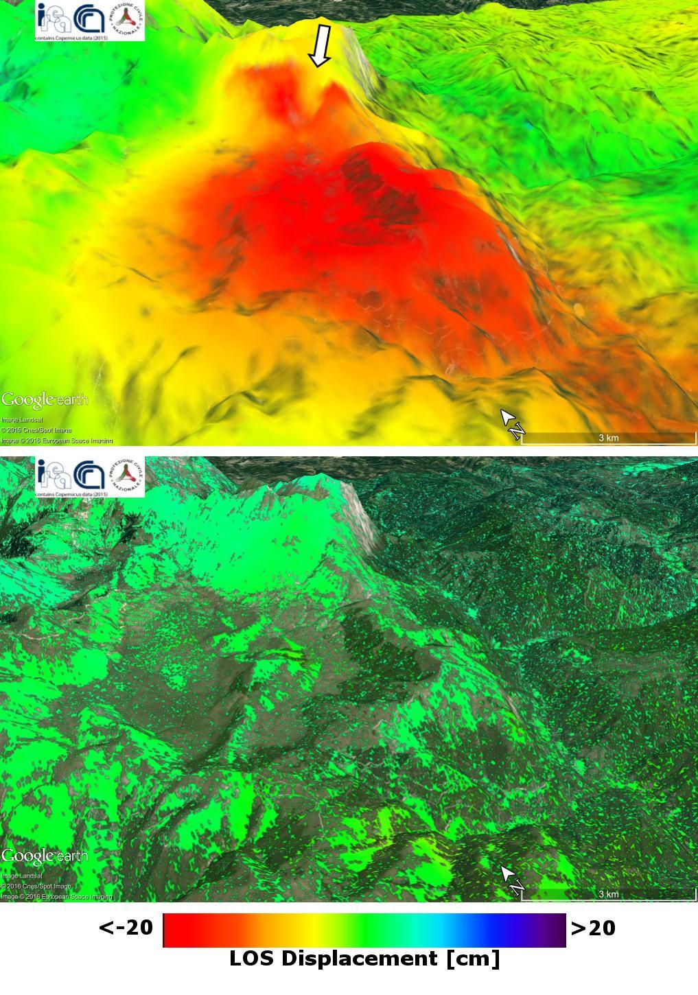 Figura 4 Mappa della deformazione co-sismica (in alto) ottenuta a partire dai dati radar satellitari acquisiti dalla costellazione COSMO-SkyMed, il 20/08/2016 (immagine pre-evento) e il 28/08/2016