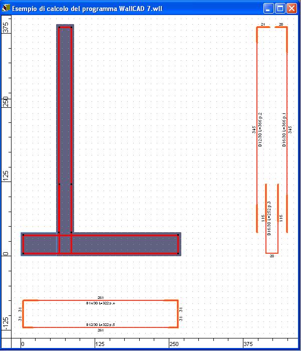 1 Esempio di calcolo del programma WallCAD WallCAD 7.3 Validazione 1.4 VERIFICA DELLE ARMATURE Con la progettazione automatica si sono ottenute le armature riportate nell immagine che segue.