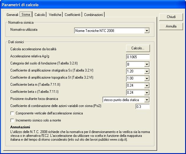 WallCAD 7.3 Validazione 1.2 Calcolo spinte Accettando tali valori con un suolo di tipo B ne conseguono un coefficiente S s =1,2 e β m =0,24.