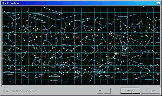 Posizionamento rapido su una mappa delle costellazioni. Premere sulla mappa per centrarsi a questa posizione. Utilizzate il pulsante + per zoomare su questa carta.