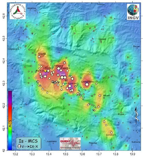 Figura 2 Distribuzione delle intensità macrosismiche del terremoto del 6 aprile 2009 (cerchi proporzionali all intensità locale Is).