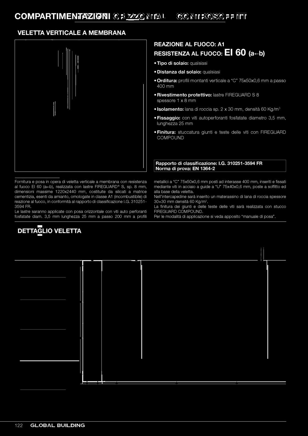 310251-3594 FR Norma di prova: EN 1364-2 Fornitura e posa in opera di veletta verticale a membrana con resistenza al fuoco EI 60 (a^b), realizzata con lastre FIREGUARD S, sp.