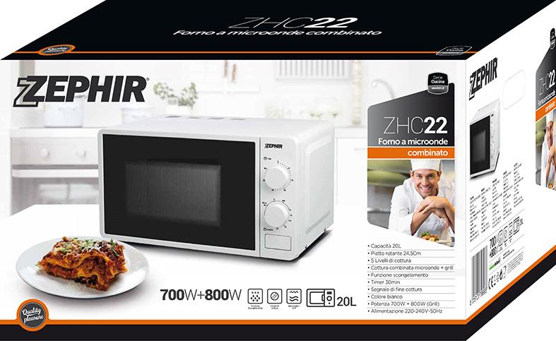 Linea Cucina ZHC21 FORNO A MICROONDE Potenza 700W Capacità 20L Piatto rotante 24,5Cm Luce Interna 6 Livelli di cottura Funzione scongelamento Timer 30min Segnale di fine cottura Colore bianco