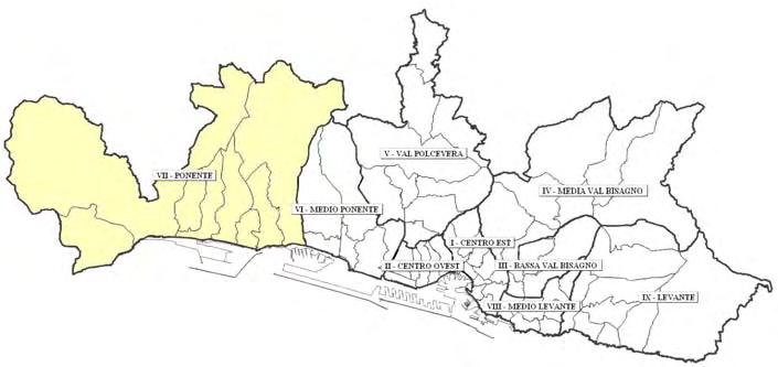 Municipio VII Genova Ponente Superficie totale... ha 7.507,78 Superficie centro abitato... ha 751,20 Case sparse e nuclei abitati... ha 6.756,58 Popolazione residente al: Censimento 1971... 73.