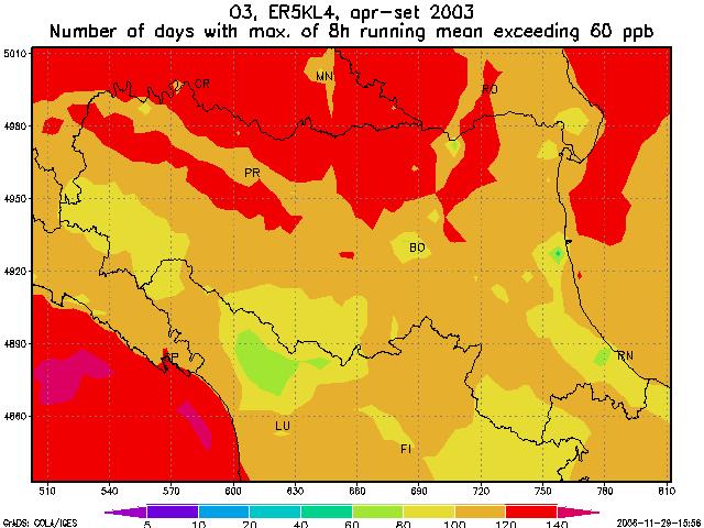 Figura 57 - Concentrazioni di ozono (O 3 ) in Emilia - Romagna: