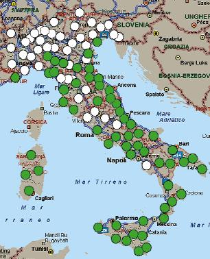 Dimensionamento termo-igrometrico Nella cartina, l irradianza nel mese di luglio: i pallini bianchi indicano le zone con irradianza minore di 290 W/m 2, i pallini verdi le zone con irradianza