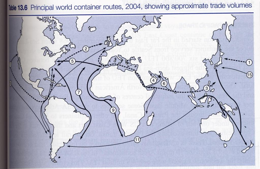 Principali rotte delle navi portacontenitori (principali rotte del trasporto marittimo di linea) Nella figura sono indicate le