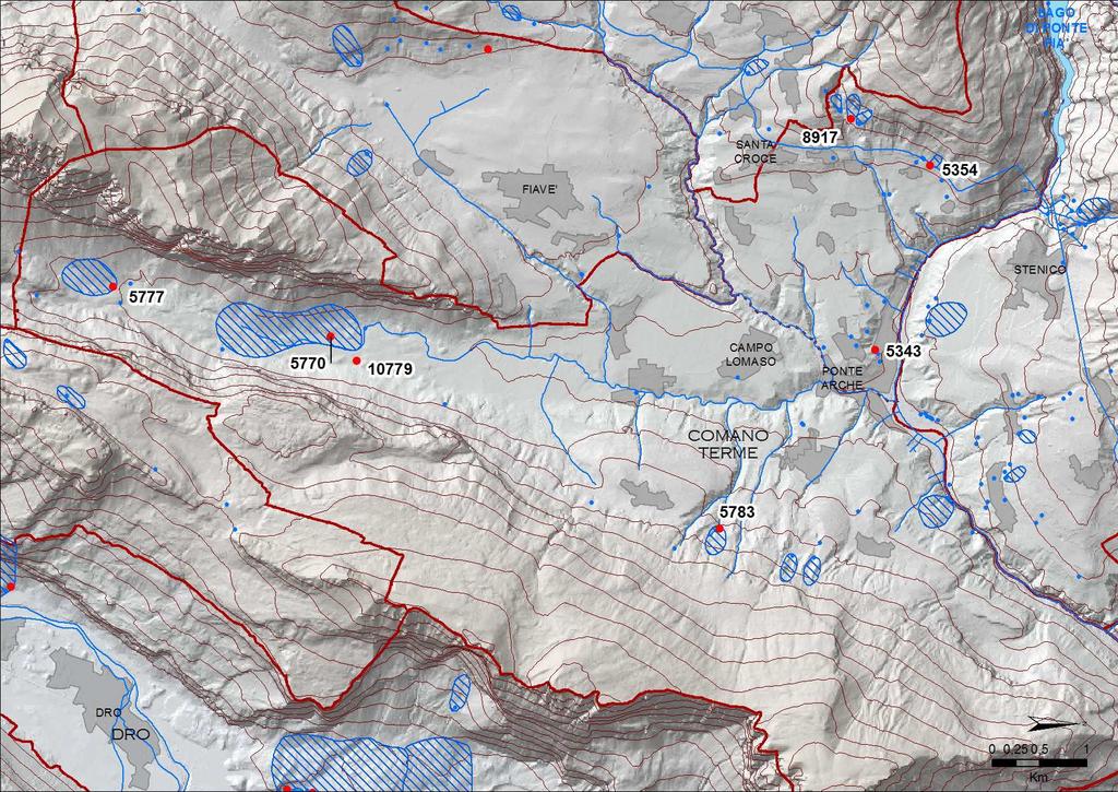 Comano Terme Figura 1 : mappa con l ubicazione delle sorgenti selezionate ed analizzate (in rosso) con il codice che le caratterizza univocamente; per le sole sorgenti utilizzate a scopo potabile