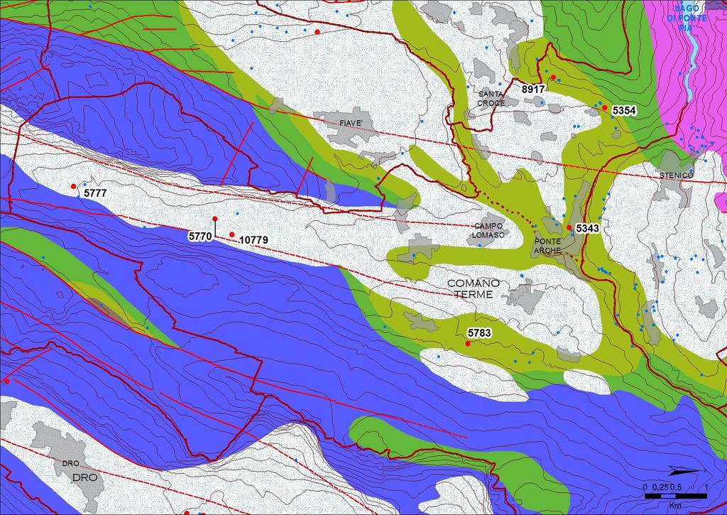 Figura 2 : mappa litologica e strutturale schematica con l ubicazione delle sorgenti selezionate ed analizzate (in rosso) con il relativo codice.