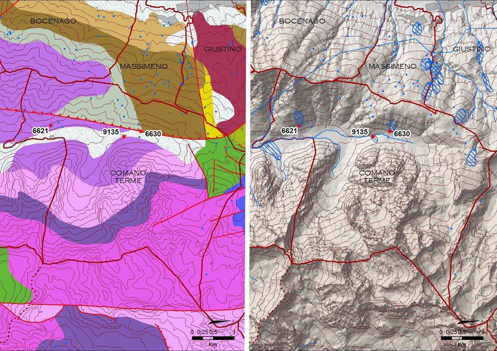 Figura 3 : stralci delle mappe litologica-strutturale e delle aree di rispetto idrogeologico, con l ubicazione delle sorgenti selezionate ed analizzate nel territorio comunale staccato in Val d