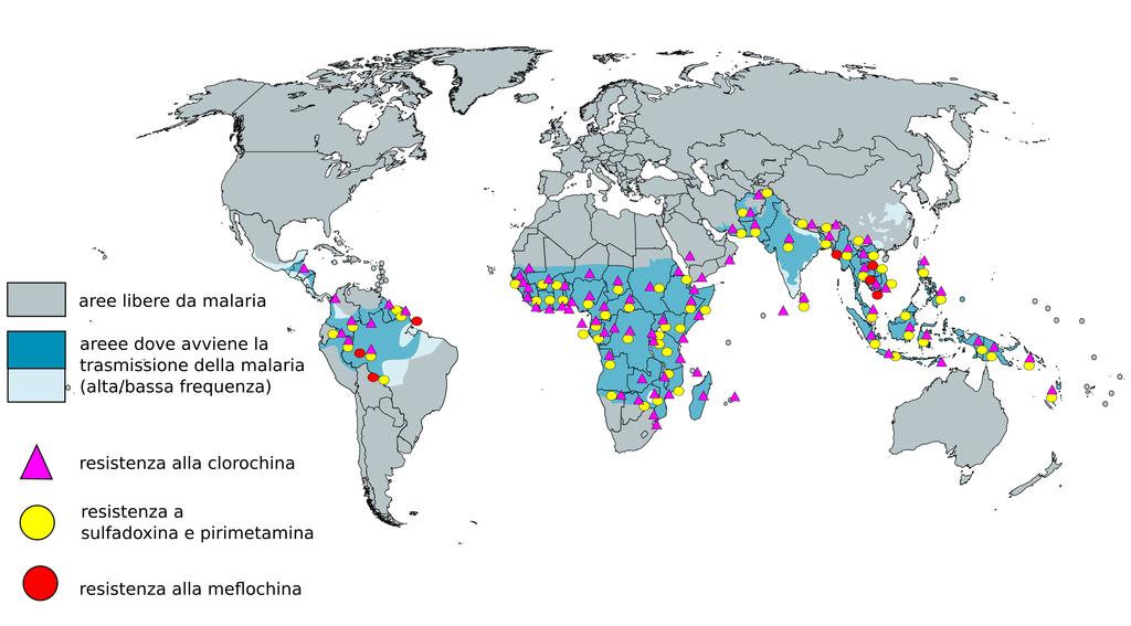 44.1.2. DISTRIBUZIONE DELLA MALARIA NEL MONDO Figura 44.1. Distribuzione della malaria e della resistenza ai farmaci.