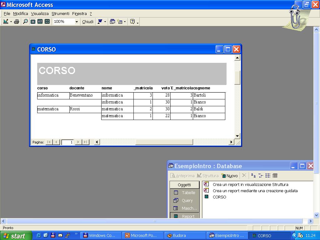 Utilizzo del DataBase Per stampare i dati si utilizzano i REPORT.