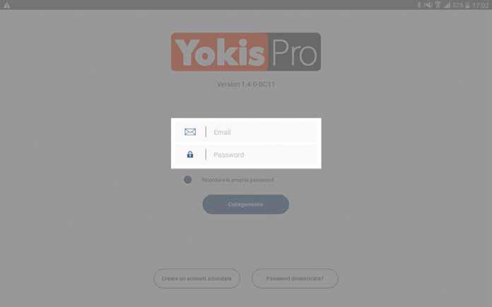 Prima connessione e creazione dell Account della Società Al primo utilizzo dell App YOKIS Pro è indispensabile creare un Account societario YOKIS Pro.