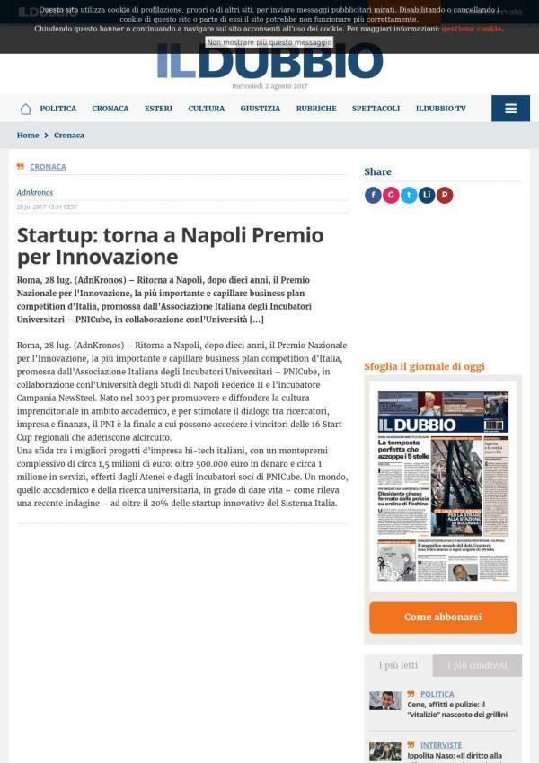 Il Dubbio Startup: torna a Napoli Premio per Innovazione Roma, 28 lug.