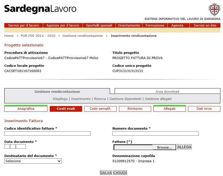 somma delle fatture inserite; per ogni record sono visualizzati i seguenti dati e le icone di gestione qui sotto elencante: Id: riporta il cronologico dei record; Numero documento: riporta il numero