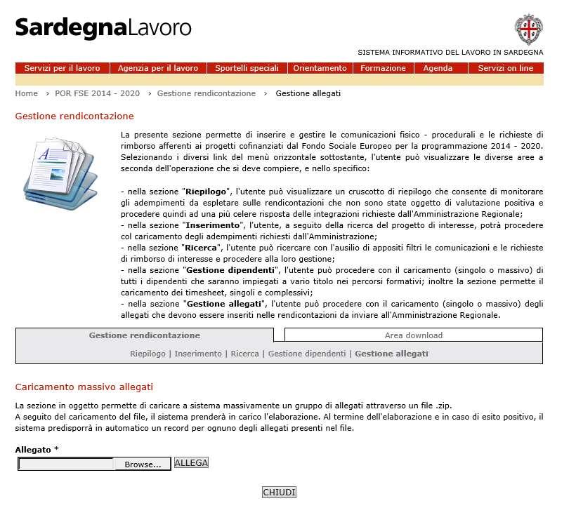 La sezione in oggetto permette di caricare a sistema massivamente un gruppo di allegati attraverso un file.zip. A seguito del caricamento del file, il sistema prenderà in carico l'elaborazione.