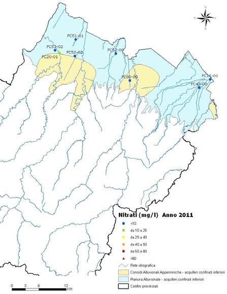 Figura 36: Concentrazioni medie annuali di Nitrati nelle stazioni di monitoraggio delle acque sotterranee nei corpi idrici confinati