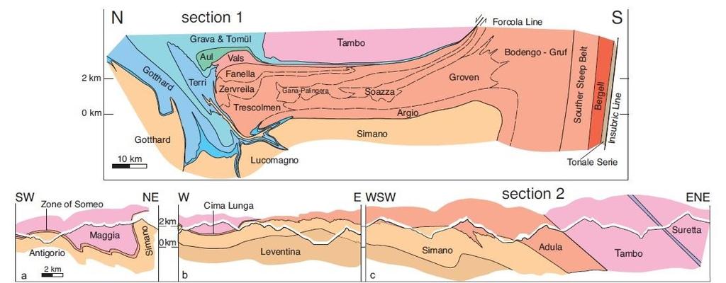 Il tracciato della Via GeoAlpina Alpi Ticinesi percorre il Duomo Lepontino in modo trasversale rispetto alle grandi pieghe coricate e attraversa soprattutto le falde di basamento.