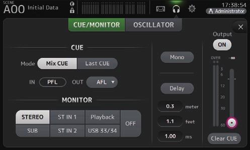 Pulsante Parent directory File selezionato Schermata MONITOR Permette di gestire i segnali cue e monitor e di controllare gli oscillatori.