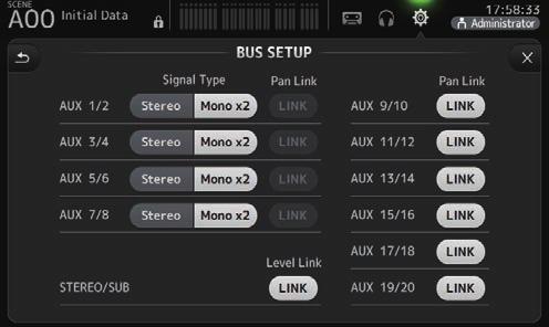 Barra degli strumenti Schermata BUS SETUP Permette di configurare le impostazioni di bus. Consente inoltre di modificare impostazioni di base, come ad esempio stereo/mono, Pan Link ecc.